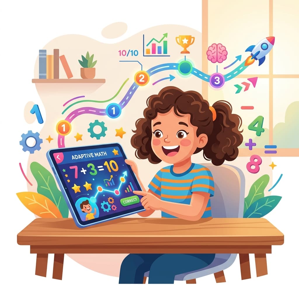 Child working through adaptive math questions on a tablet