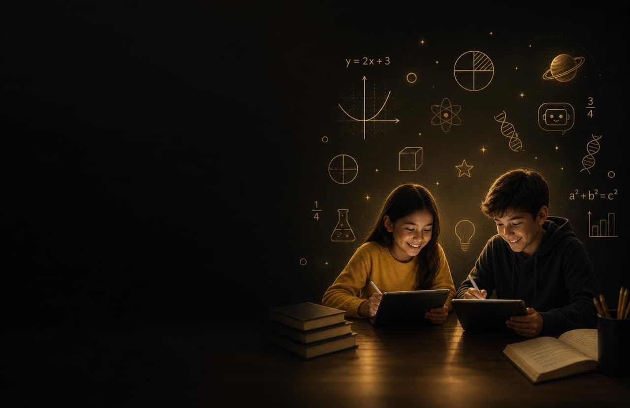 Two children learning together with glowing math and science icons